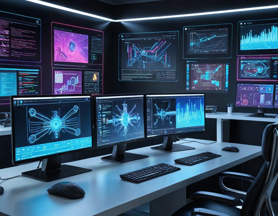 A futuristic workspace with multiple screens displaying sleek web designs and code, a robot assistant working alongside a human designer, holographic interfaces in the background, and vibrant data streams. High-tech environment with cutting-edge tools. super-realistic. vibrant colors.