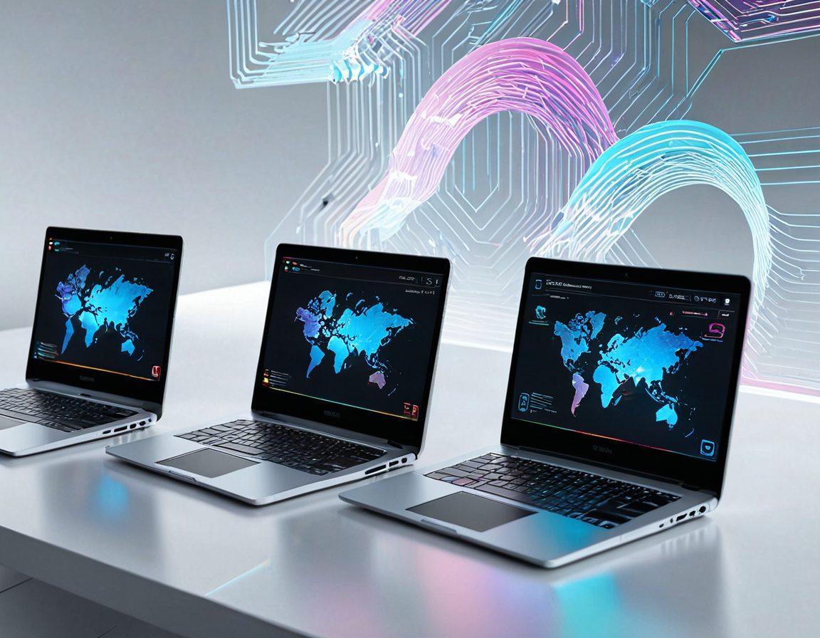 A futuristic digital landscape with holographic interfaces, sleek laptops, and developers collaborating over complex code. Emphasize modern technology, seamless connectivity, and innovation. Highlight elements like AI-driven tools, cloud computing, and responsive design grids. Include dynamic colors and a high-tech atmosphere. super-realistic. vibrant colors. white background.