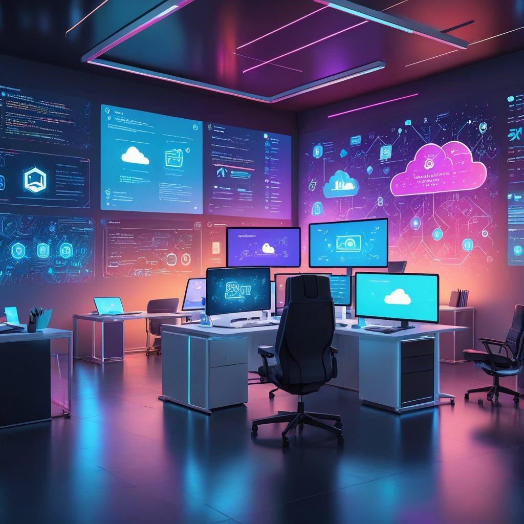 A futuristic workspace with futuristic computer screens displaying code, APIs, cloud infrastructure, and deployment tools. Include a diverse team of developers collaborating, with holographic elements showcasing various icons of popular web services. The background should feature a sleek, modern office environment. vibrant colors. 3D.